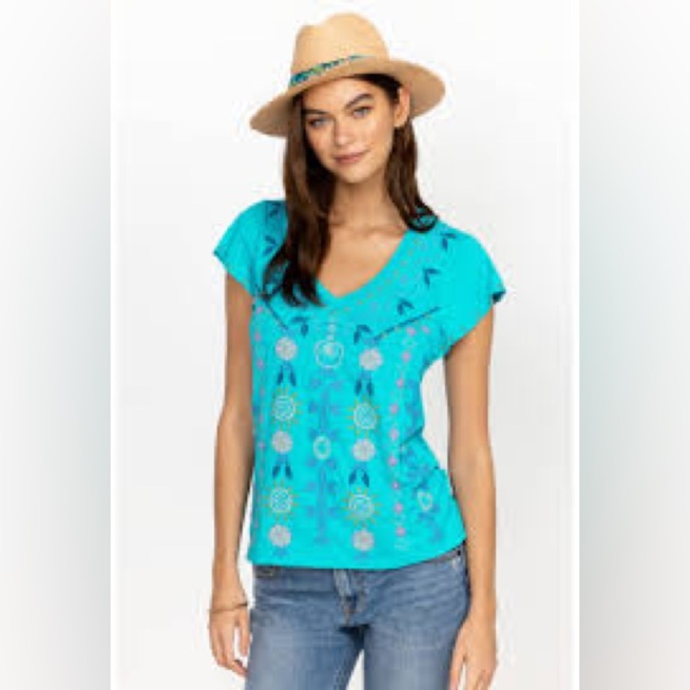 Embroidered vibrant blue V-Neck Top